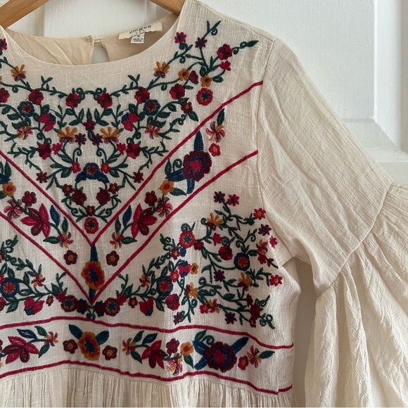 UMGEE Ivory Floral Embroidered Ruffle Tiered Sleeve Tunic Dress Size Small Boho - Picture 5 of 8